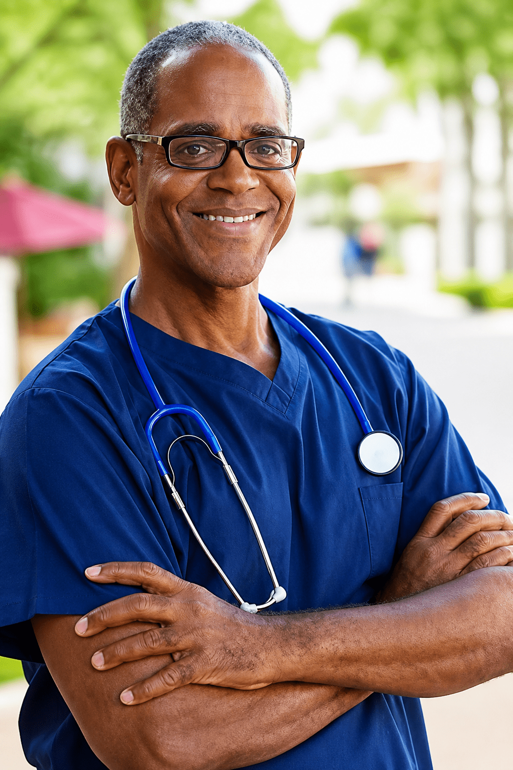 Smiling doctor with stethoscope outdoors.